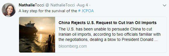 مشاور موگرینی از مخالفت چین با قطع واردات نفت از ایران استقبال کرد